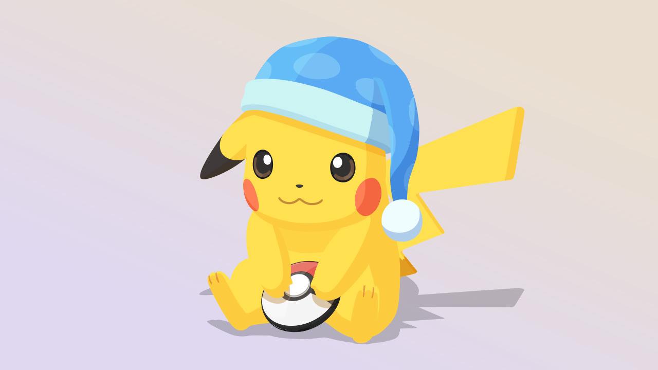 Pikachu wearing a night cap, holding the Pokémon GO Plus +