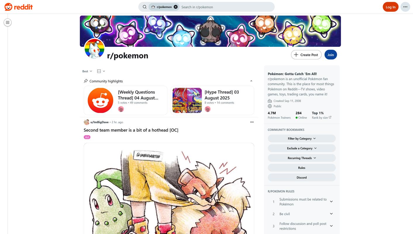 /r/pokemon in August 2025, with over four million subscribers on Reddit